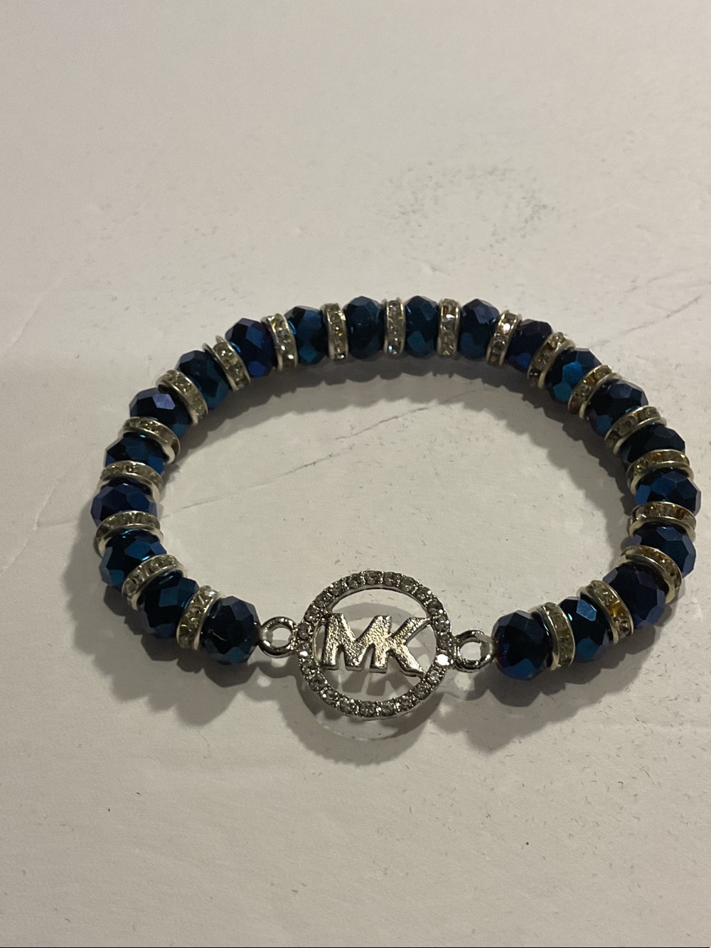 Silver-Tone Bracelet with Blue Faceted Beads and Logo Disc - Picture 2 of 4